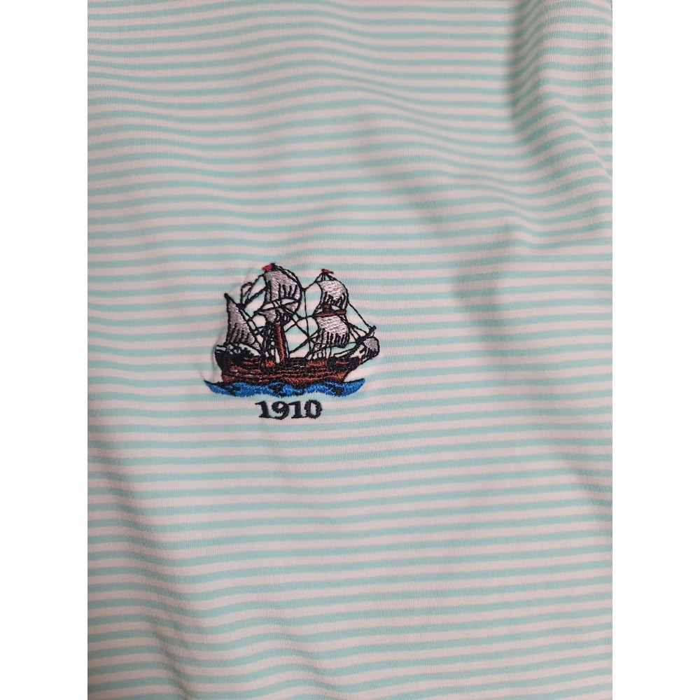 B. Draddy Sport Polo Shirt Mens L Golf White Green‎ Striped Stretch Logo Preppy - Picture 7 of 12
